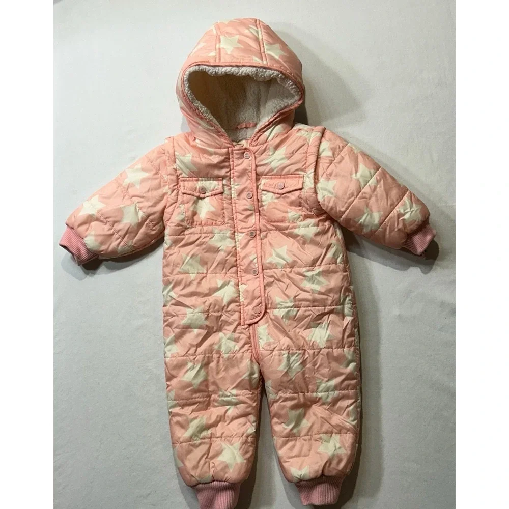 Urban Republic Girls Pink Star Print Sherpa Lined Quilted Snowsuit Pram Suit 18M